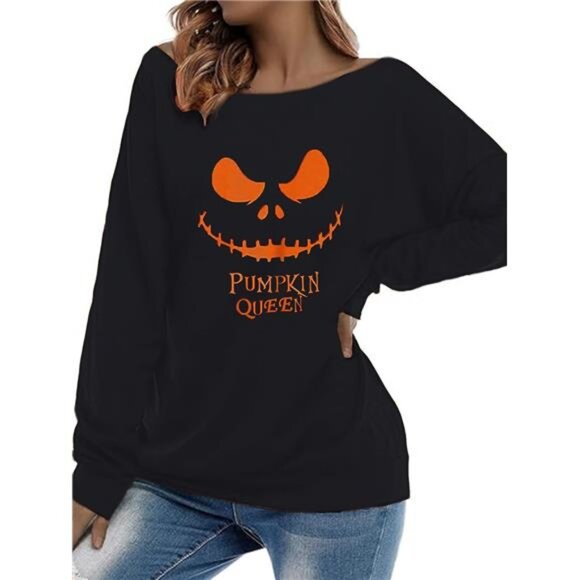 Women's Off-Shoulder Halloween Sweatshirt with a cute Jack-o'-Lantern design - Picture 3 of 5